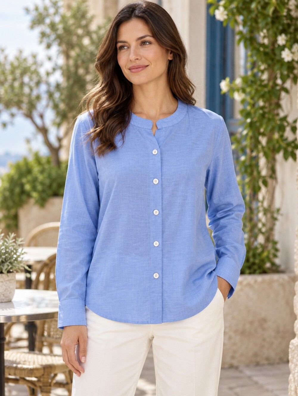 Women’s Light Blue Collarless Button Front Blouse Long Sleeve Size Medium